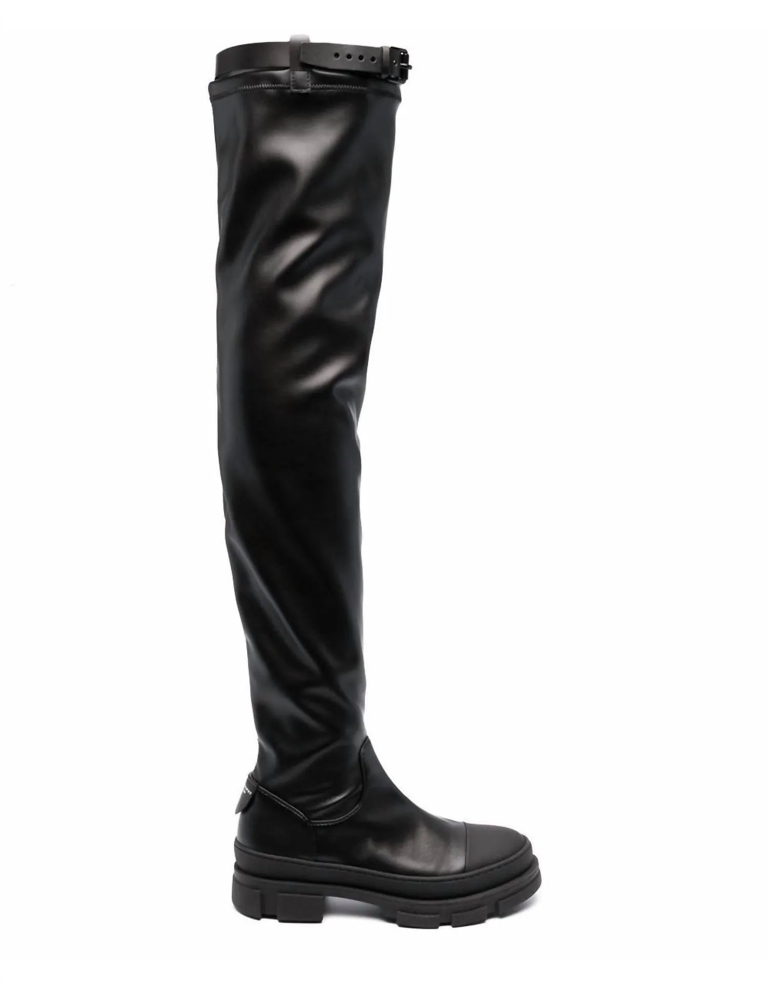 Belted Thigh-Length Leather Boots In Black