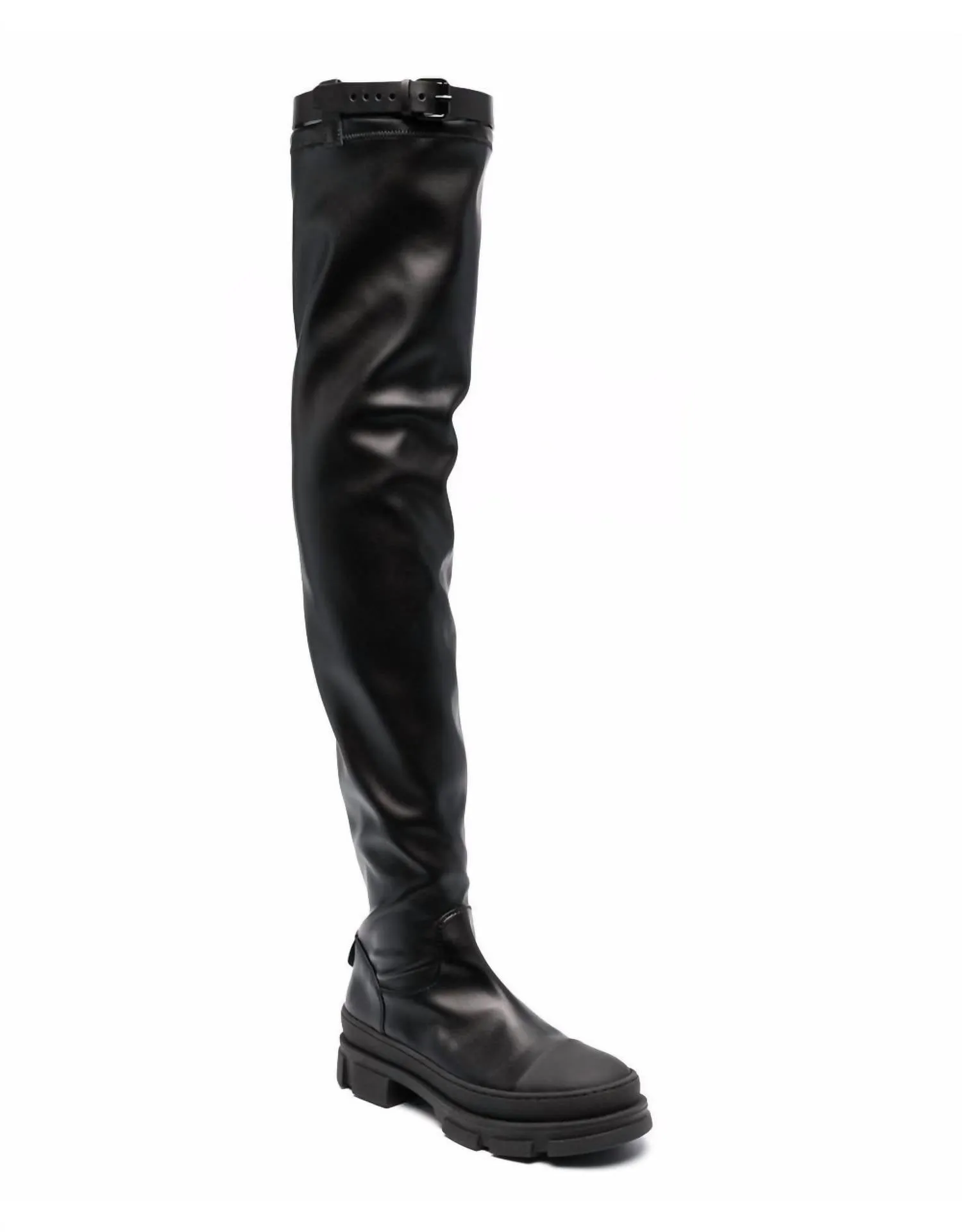 Belted Thigh-Length Leather Boots In Black