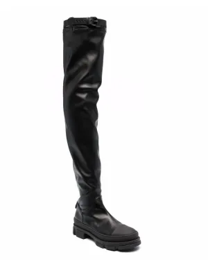 Belted Thigh-Length Leather Boots In Black