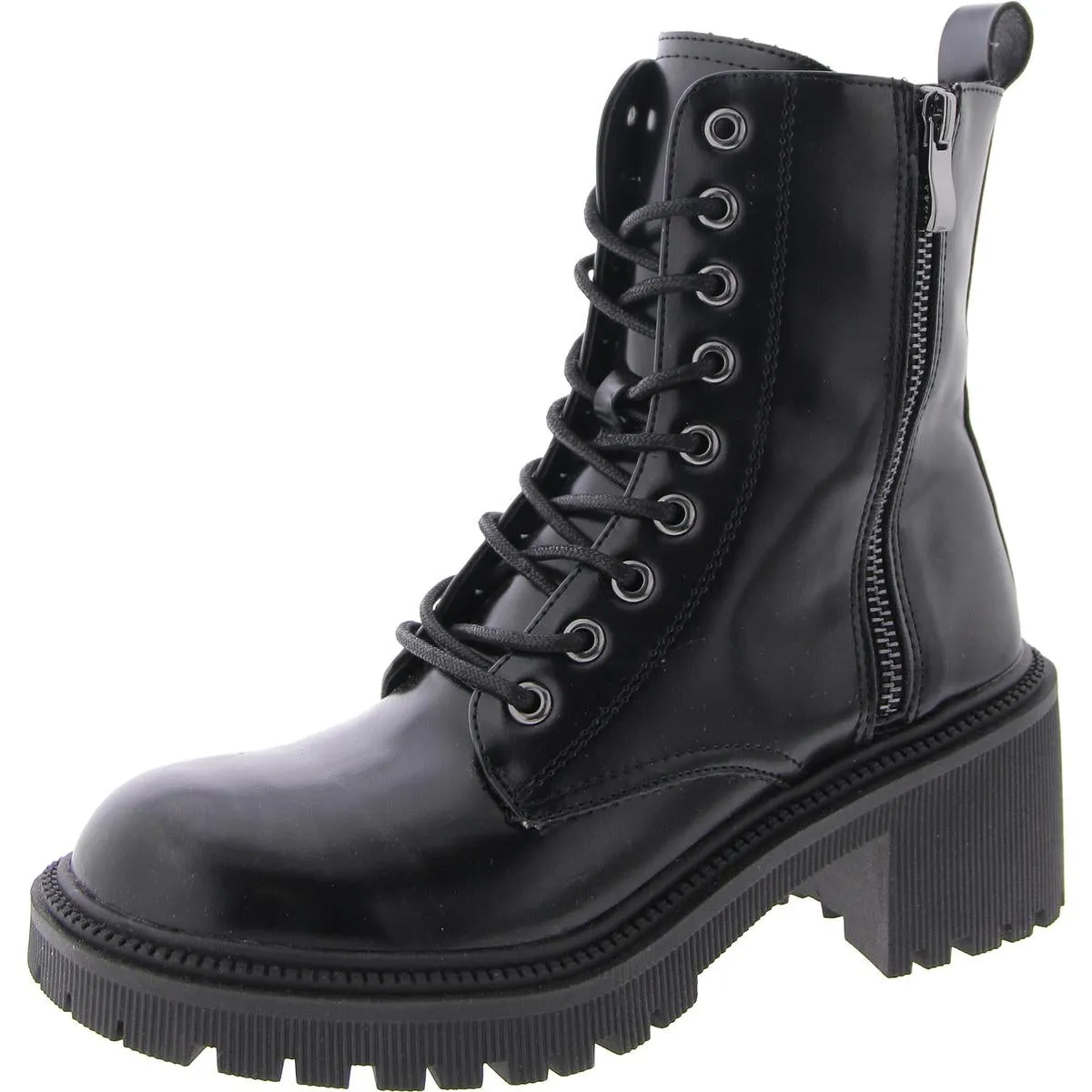 Canny Womens Leather Block Heel Combat & Lace-Up Boots