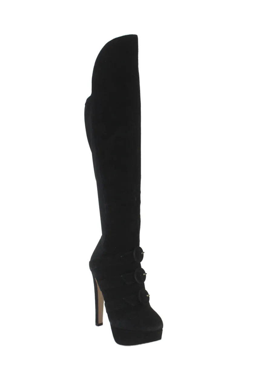 Charlotte Olympia Womens Leather Buckle Detail Pull On Knee High Boots Black