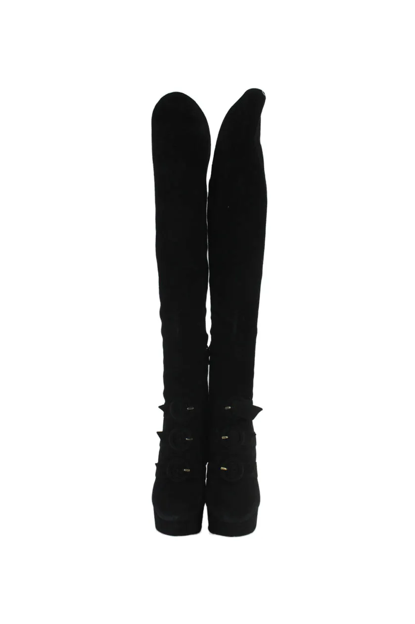 Charlotte Olympia Womens Leather Buckle Detail Pull On Knee High Boots Black