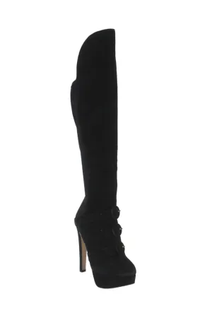 Charlotte Olympia Womens Leather Buckle Detail Pull On Knee High Boots Black