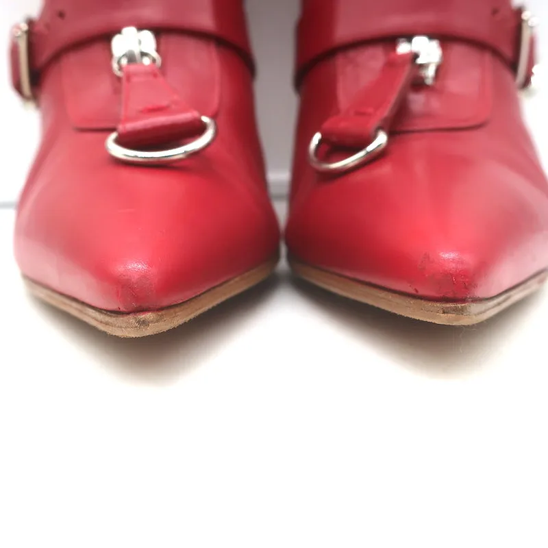 Gianvito Rossi Zip-Front Buckled Ankle Boots Red Leather Size 36.5