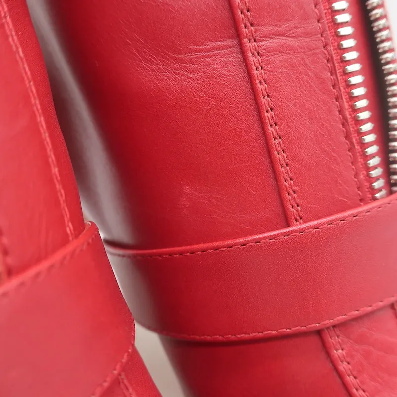 Gianvito Rossi Zip-Front Buckled Ankle Boots Red Leather Size 36.5