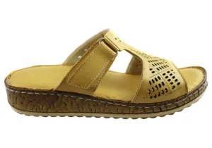 Orizonte Saffron Womens European Comfortable Leather Slides Sandals Orizonte Shoes