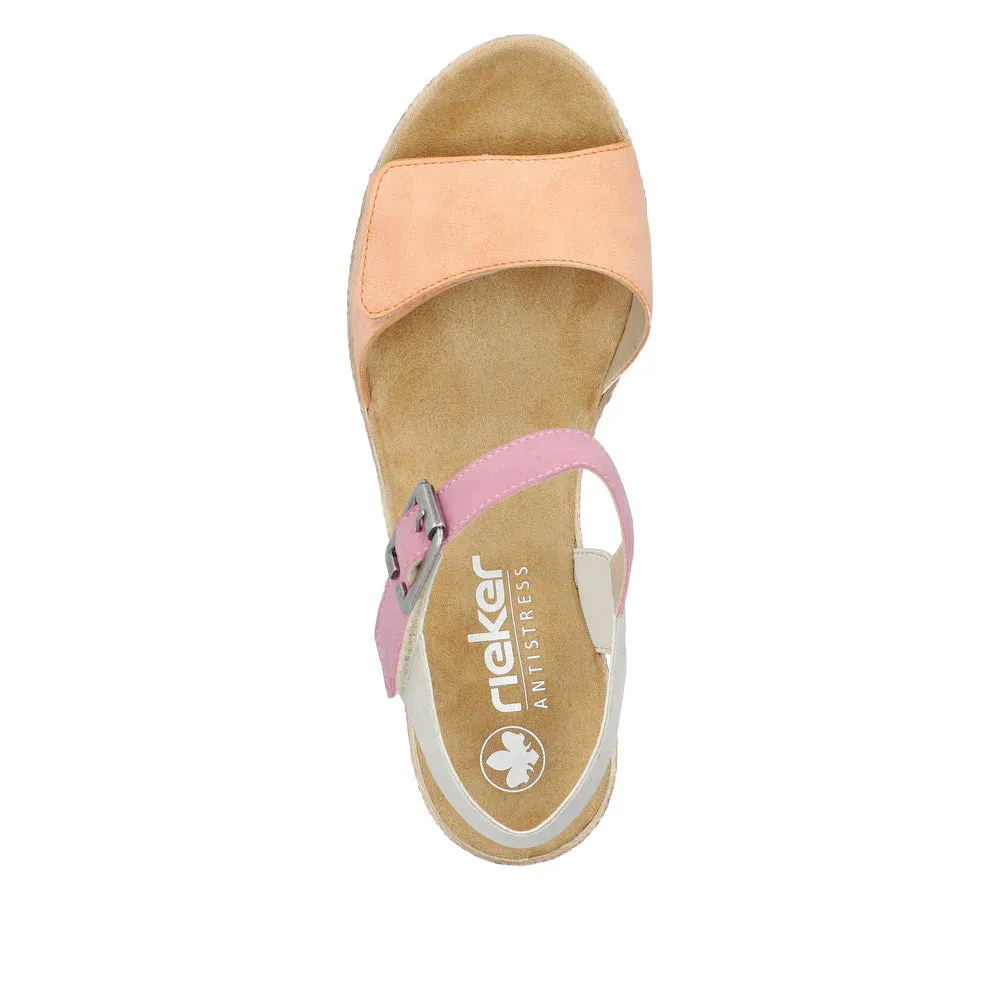 Rieker Shoes 61960-90 Velcro Wedge Apricot/Pink/Grey