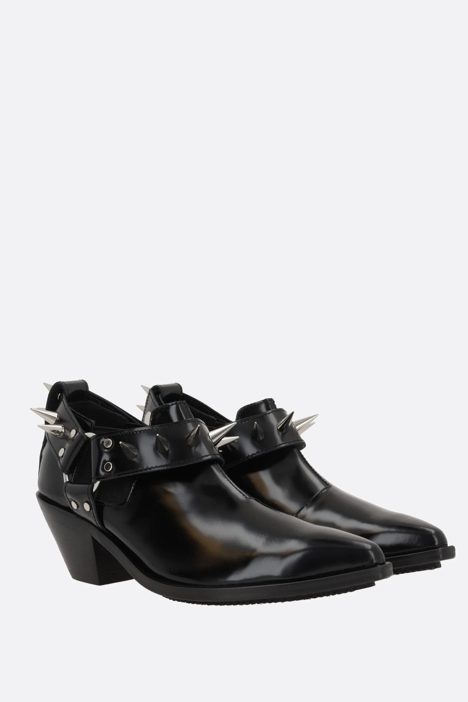 shiny leather western ankle boots with studs