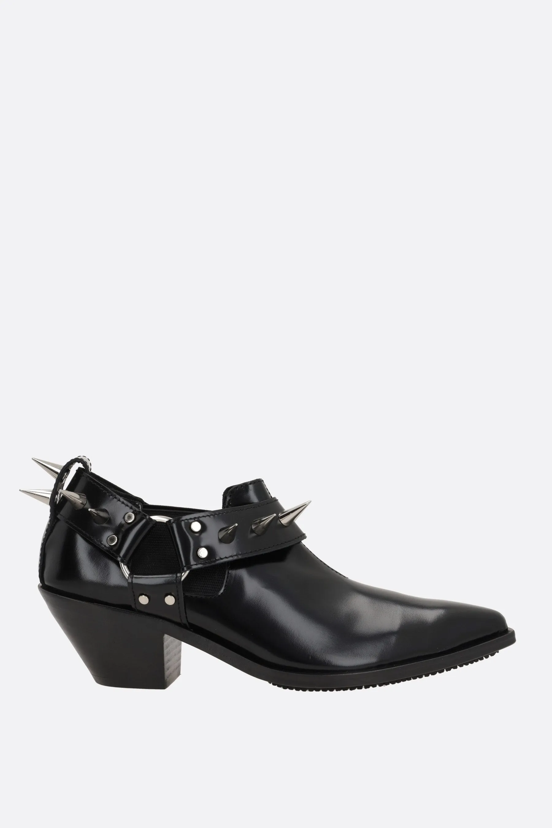 shiny leather western ankle boots with studs