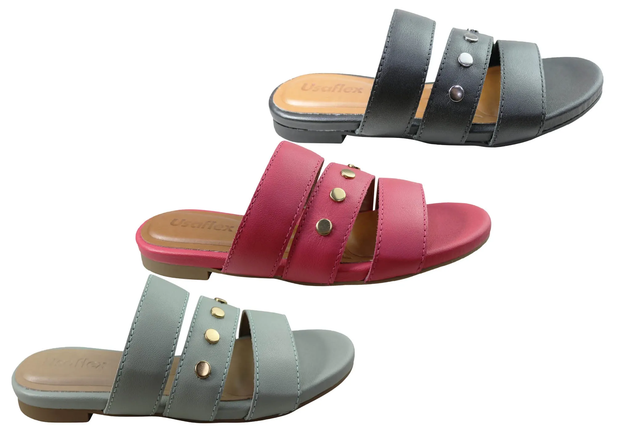 Usaflex Skyler Womens Comfort Leather Slides Sandals Made In Brazil Usaflex Shoes
