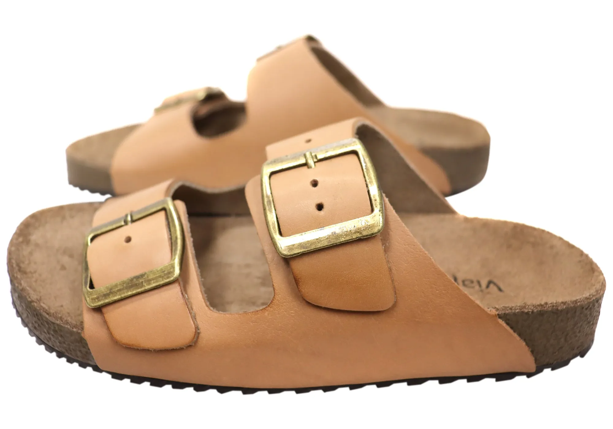 Via Paula Hilda Womens Leather Comfort Slides Sandals Made in Brazil Via Paula Shoes
