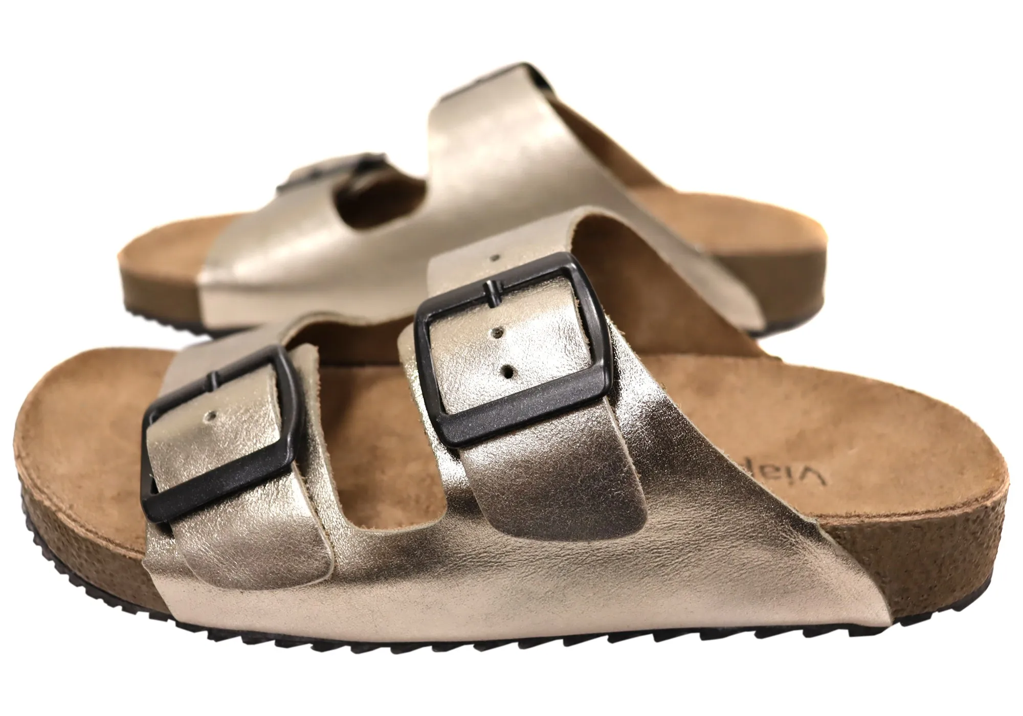 Via Paula Hilda Womens Leather Comfort Slides Sandals Made in Brazil Via Paula Shoes