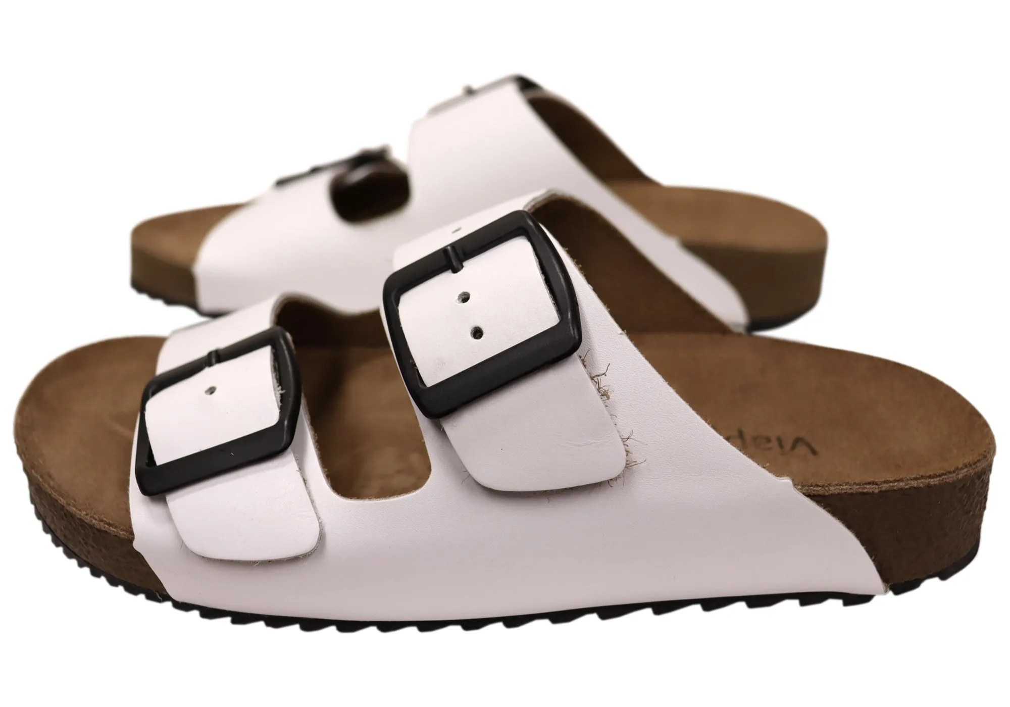 Via Paula Hilda Womens Leather Comfort Slides Sandals Made in Brazil Via Paula Shoes