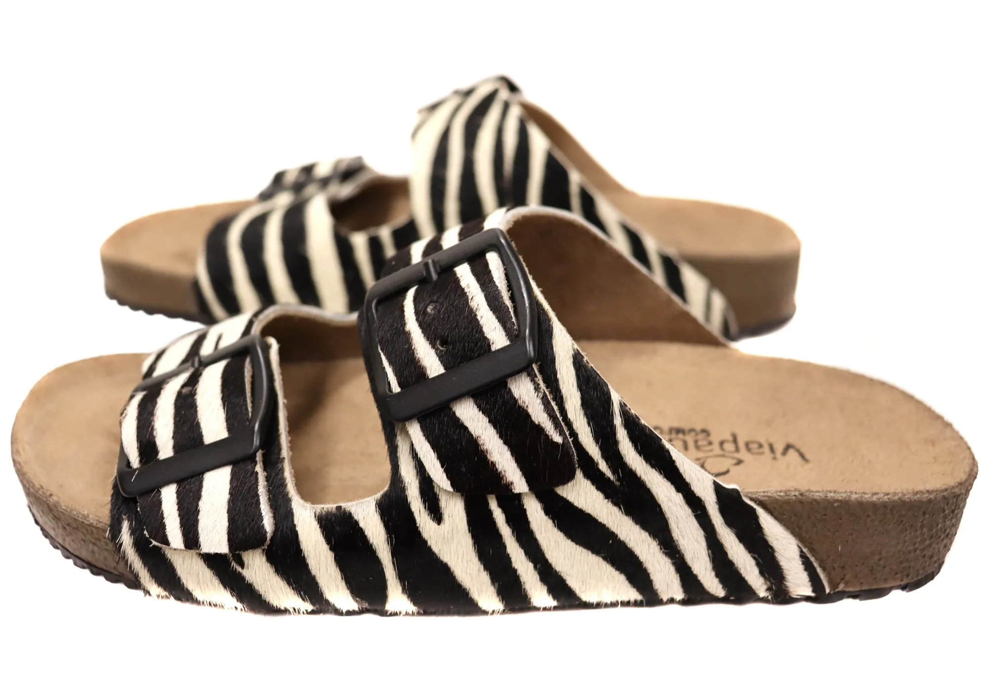 Via Paula Hilda Womens Leather Comfort Slides Sandals Made in Brazil Via Paula Shoes